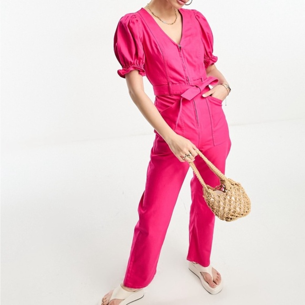 & Other Stories Organic Cotton Puff Sleeve Jumpsuit - Bright Pink - NWT - Size 2